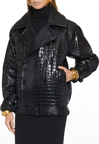 Crocodile Embossed Vegan Leather Moto Jacket