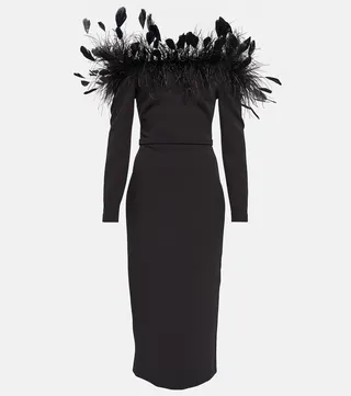 Feather-trimmed midi dress