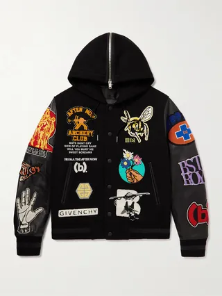+ (b).STROY Appliquéd Wool-Blend and Leather Hooded Varsity Jacket