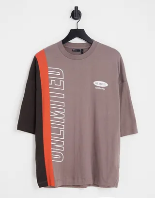 ASOS DESIGN oversized T-shirt in brown color block with text print