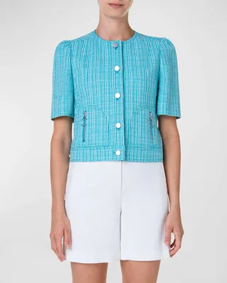 Puff-Sleeve Cotton-Linen Tweed Jacket