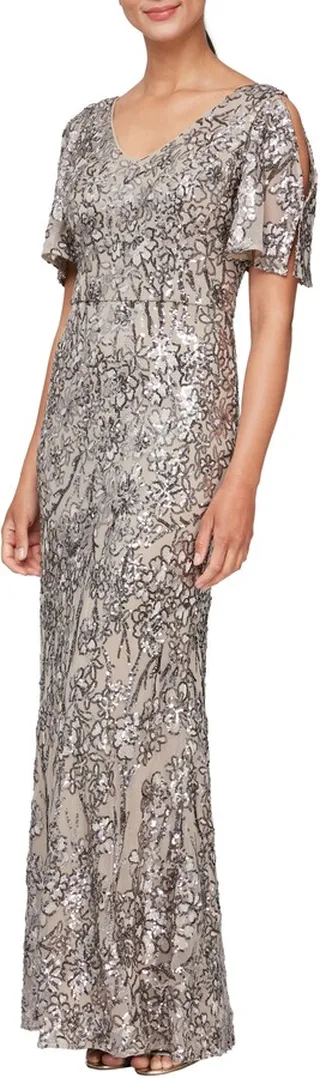 Sequin Lace Cold Shoulder Trumpet Gown