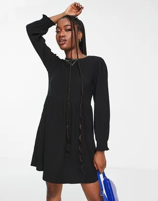 New Look long sleeve mini jersey smock dress in black