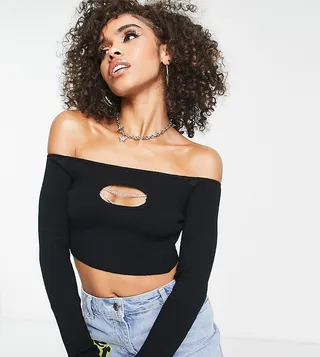 ASYOU knitted bardot long sleve top with peekabo diamante trim in black