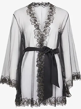 Womens Black Lindie Floral Trim Mesh Dressing Gown