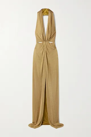 Costarellos - Nara Twist-front Metallic Stretch-knit Halterneck Gown - Gold