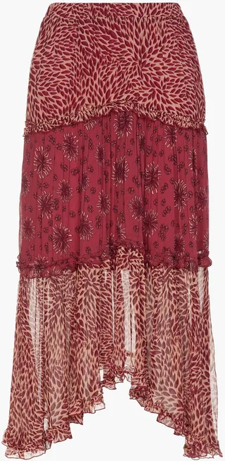 Gapi asymmetric tiered printed crepon midi skirt