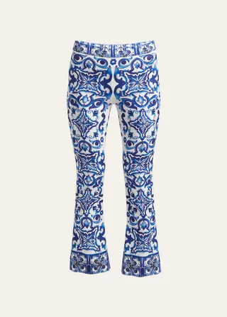 Tile-Print Flare-Leg Crop Charmeuse Pants