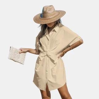 Women's Twist Mini Shirt Dress - Cupshe-M-Beige