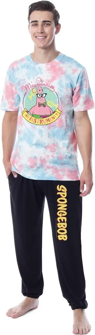 SpongeBob SquarePants Mens' Patrick Tie-Dye Funny Jogger Sleep Pajama Set (L) Multicolored
