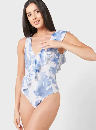 Ruffle Detail Printed Swimsuit