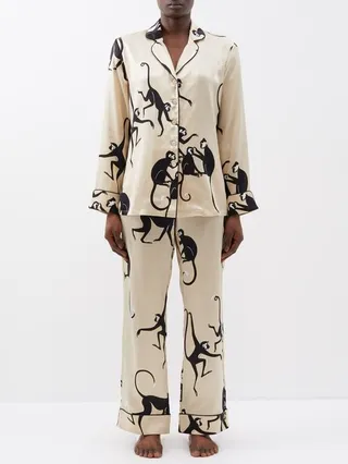 Lila Monkey-print Silk Pjyama Set