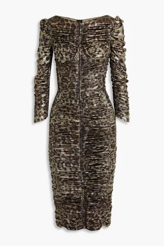Ruched leopard-print silk-blend lamé midi dress