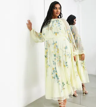 ASOS EDITION Curve floral embroidered mesh midi dress with blouson sleeve in lemon