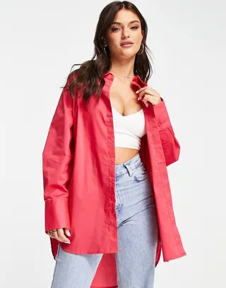 JDY longline oversized shirt in raspberry pink