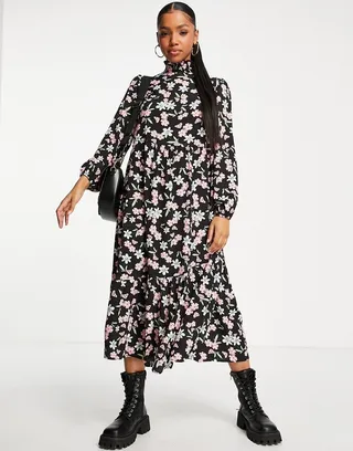 New Look shirred collar puff sleeve midi dress in black ditsy floral