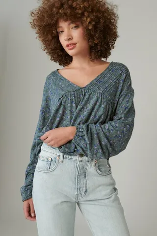 Printed Long Sleeve Peasant Top