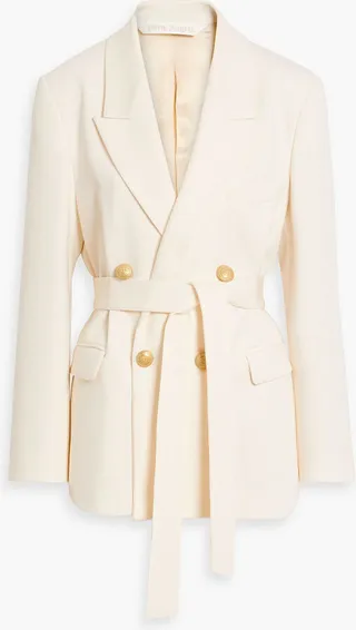 Double-breasted belted cotton-blend cady blazer