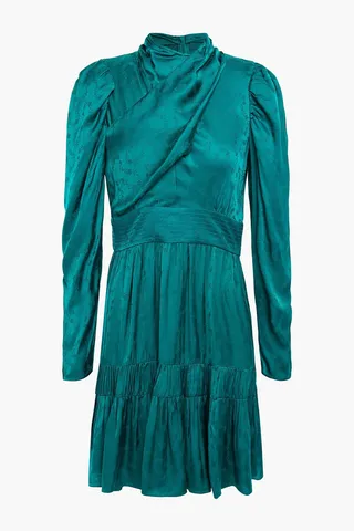 Gathered pleated satin-jacquard mini dress