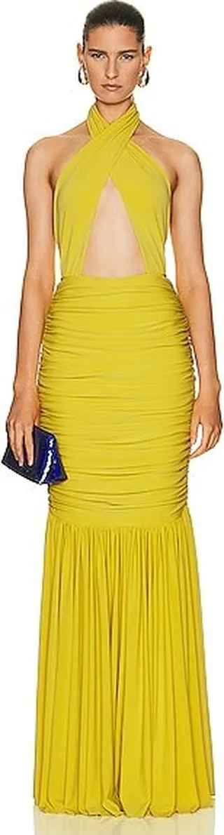 Norma Kamali Cross Halter Fishtail Gown in Yellow