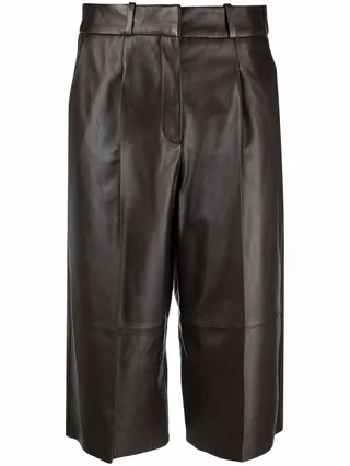 Pleat-Detail Leather Knee-Length Shorts