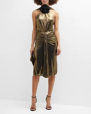 Flower-Applique Cutout Ruched Metallic Dress