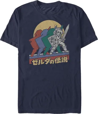 Men's Nintendo Zelda Retro Link Kanji Portrait T-Shirt - Navy Blue - X Large