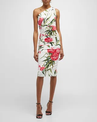 Floral-Print Ruched One-Shoulder Midi Dress