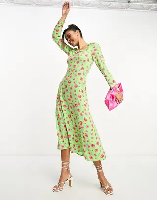 Vila square neck midi dress with lace up back in green floral print