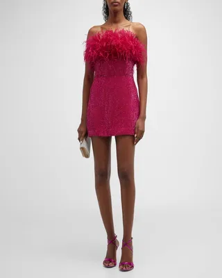 Torin Sequin Bandeau Ostrich-Trim Mini Dress