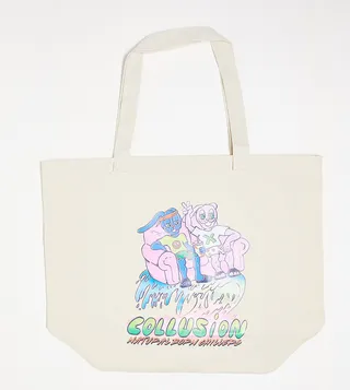 COLLUSION Unisex branded printed tote bag in ecru