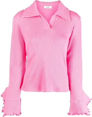 Ribbed Ruffle-Trim Polo Top