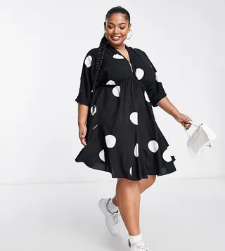 ASOS DESIGN Curve V-front V-back godet skater mini dress in black and white dot print