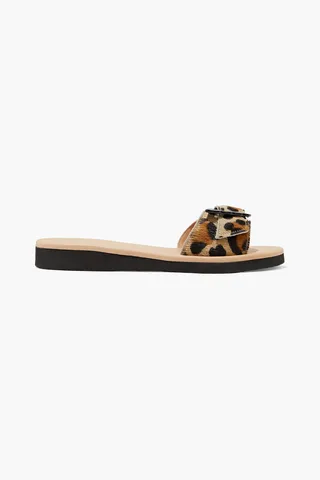 Aglaia buckled leopard-print calf hair slides