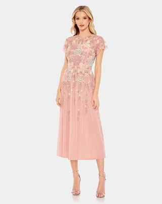 Embellished Illusion Butterfly Sleeve Midi Dress