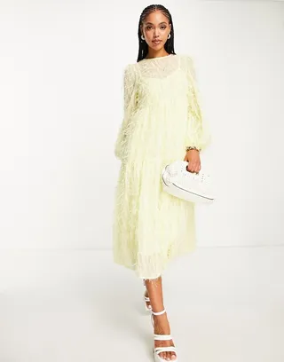 ASOS DESIGN tiered midi dress in fluffy texture in pale yellow