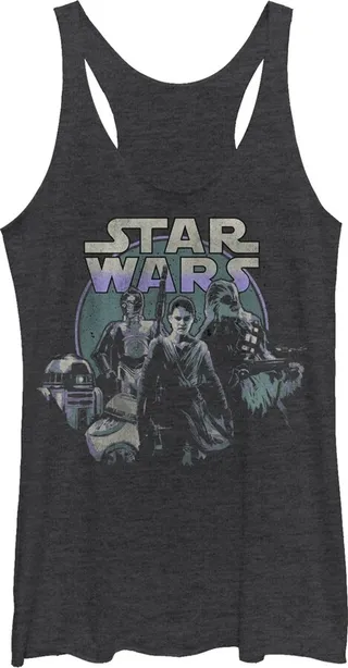 Women's Star Wars The Force Awakens Rey and Droids Racerback Tank Top - Black Heather - Large