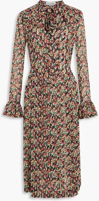 Pleated floral-print silk-chiffon midi dress