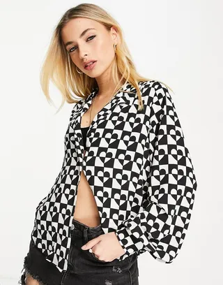 Monki blouse in black and white heart checkerboard