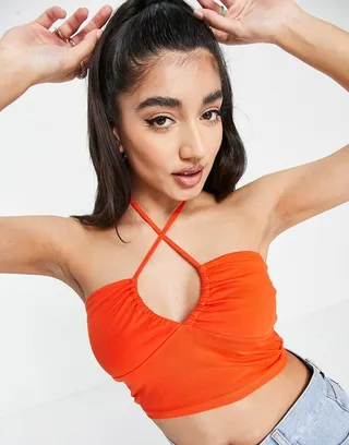 Monki halter neck top with cut out detail in red
