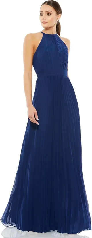 Pleated Halter Neck Flowy Gown