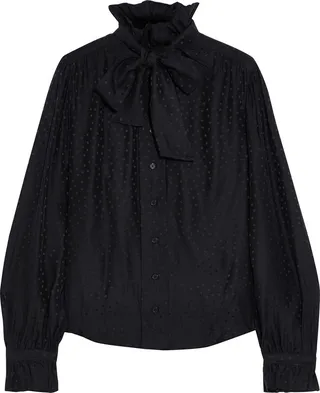 Pussy-bow ruffle-trimmed silk-jacquard blouse