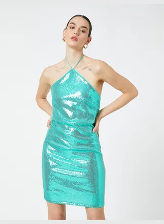 Sleeveless Halter Neck Sequined Mini Party Dress