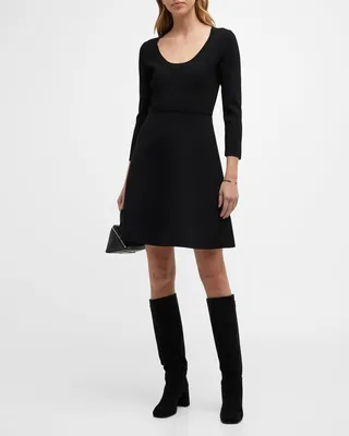 Scoop-Neck Compact-Knit Flare Mini Dress
