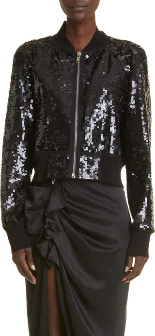 Sequin Embroidered Recycled Nylon Tulle Crop Bomber Jacket