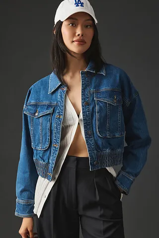 Pilcro Cropped Denim Bomber Jacket Blue