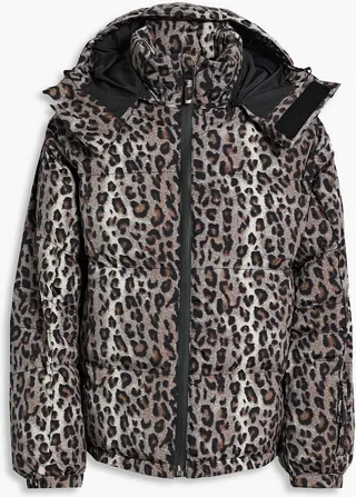 Quilted leopard-print hooded ski jacket