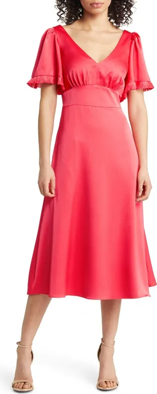 Fringe Flutter Sleeve Satin Midi Dress