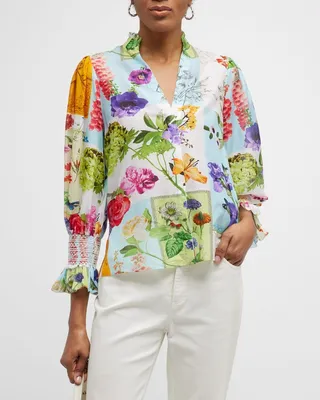Ilan Smocked-Sleeve Button-Front Blouse
