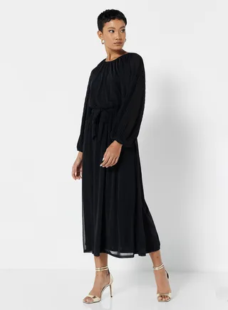 Pleated Sleeve Midi Dress